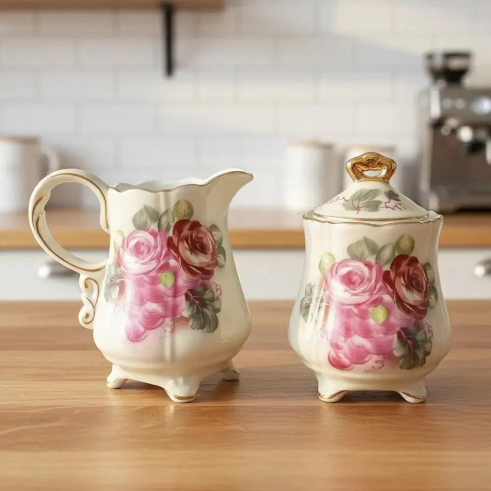 Vintage Nippon Marked Rose Creamer Sugar Bowl Set Gold Trim Grandmillennial
